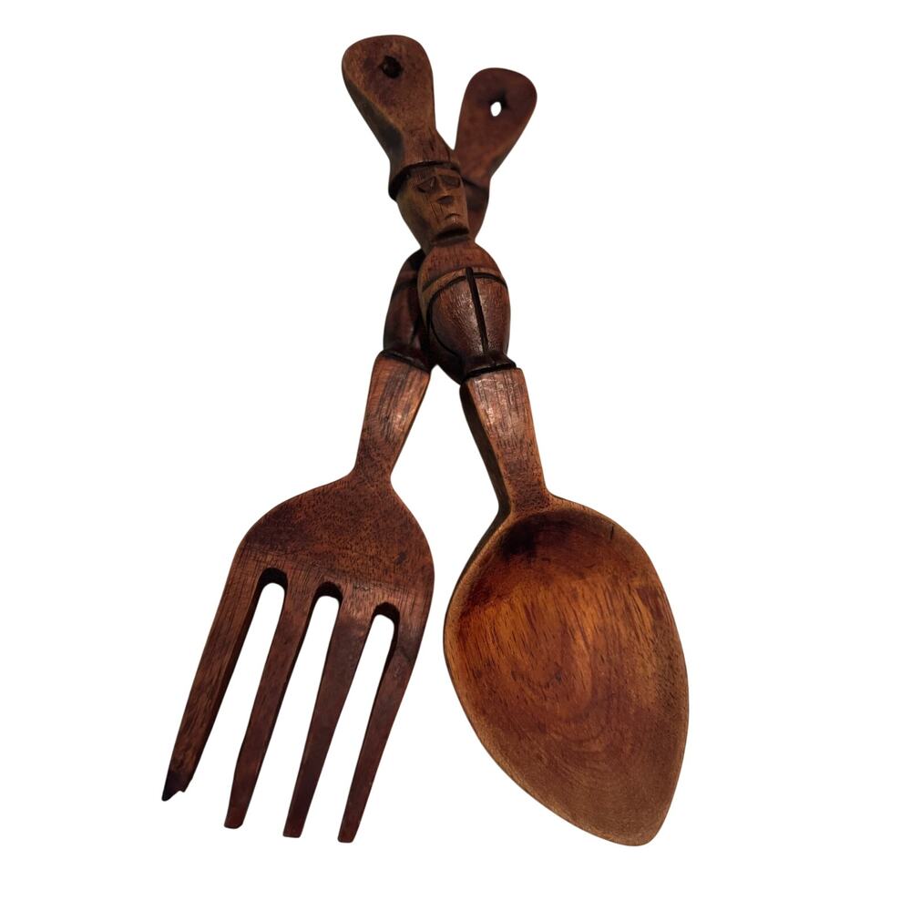 Vintage Wooden 12" Carved Fork and Spoon